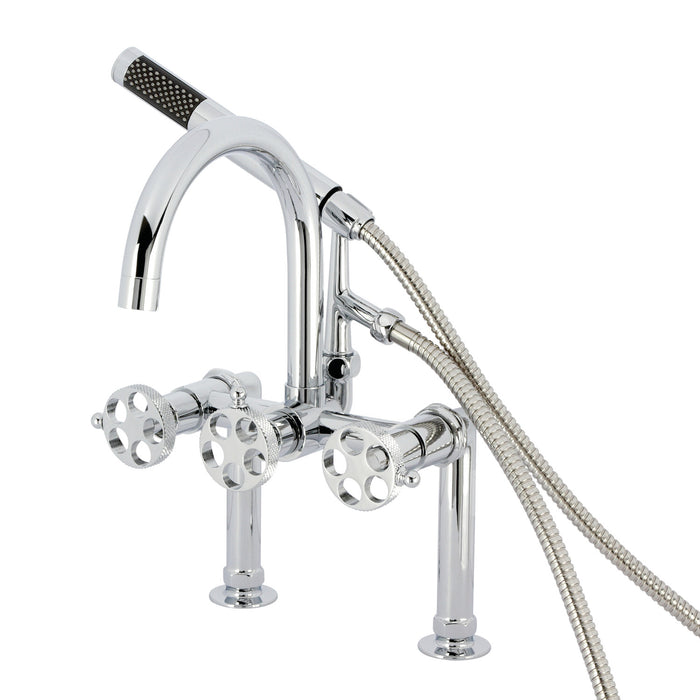 Webb AE8101RKX Three-Handle 2-Hole Deck Mount Clawfoot Tub Faucet with Knurled Handle and Hand Shower, Polished Chrome