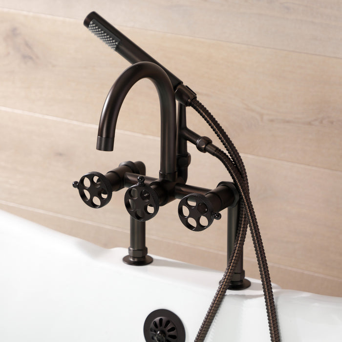 Kingston Sona AE8105RKX - Webb Three-Handle 2-Hole Deck-Mount Clawfoot Tub Faucet with Knurled Handle and Hand Shower, Oil Rubbed Bronze