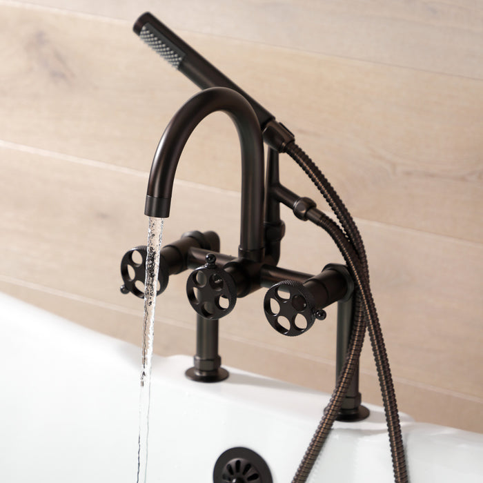 Kingston Sona AE8105RKX - Webb Three-Handle 2-Hole Deck-Mount Clawfoot Tub Faucet with Knurled Handle and Hand Shower, Oil Rubbed Bronze