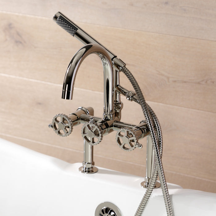 Kingston Sona AE8106CG - Fuller Three-Handle 2-Hole Deck-Mount Clawfoot Tub Faucet with Hand Shower, Polished Nickel