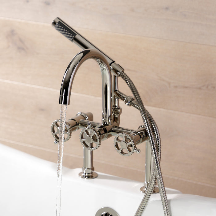 Kingston Sona AE8106CG - Fuller Three-Handle 2-Hole Deck-Mount Clawfoot Tub Faucet with Hand Shower, Polished Nickel