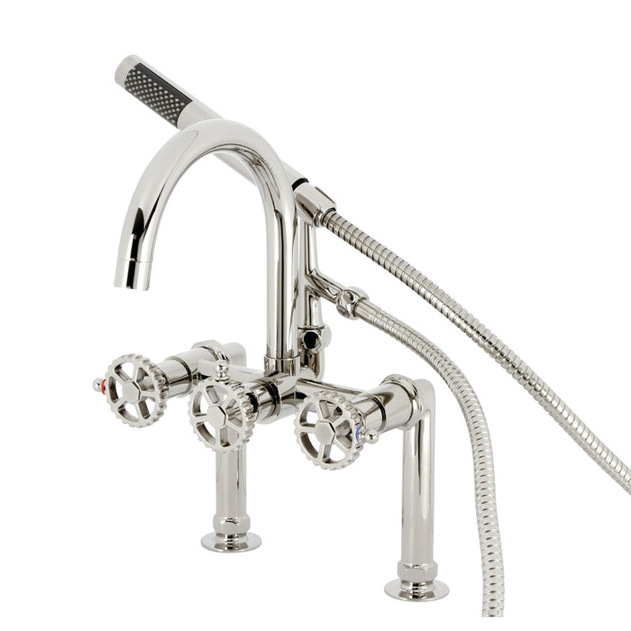 Kingston Sona AE8106CG - Fuller Three-Handle 2-Hole Deck-Mount Clawfoot Tub Faucet with Hand Shower, Polished Nickel