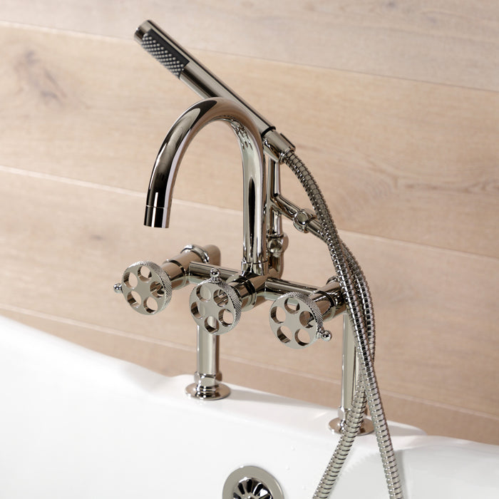 Kingston Sona AE8106RKX - Webb Three-Handle 2-Hole Deck-Mount Clawfoot Tub Faucet with Knurled Handle and Hand Shower, Polished Nickel