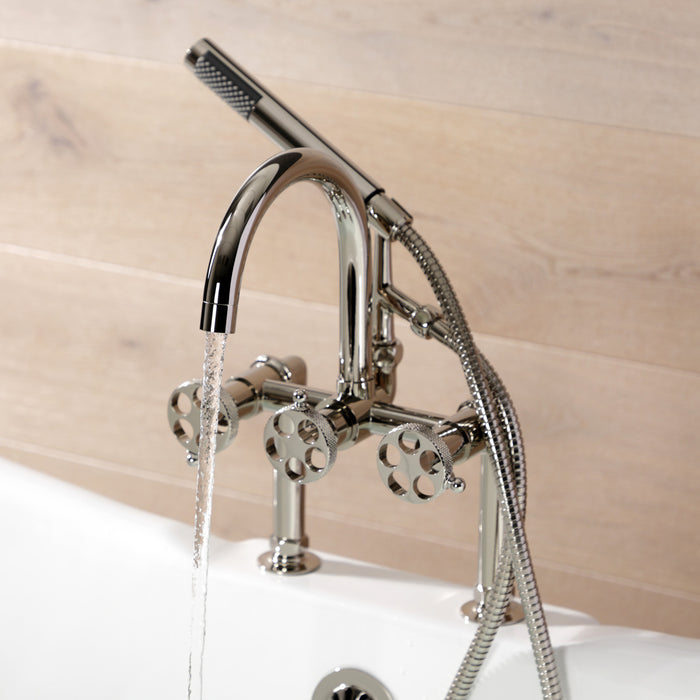 Kingston Sona AE8106RKX - Webb Three-Handle 2-Hole Deck-Mount Clawfoot Tub Faucet with Knurled Handle and Hand Shower, Polished Nickel