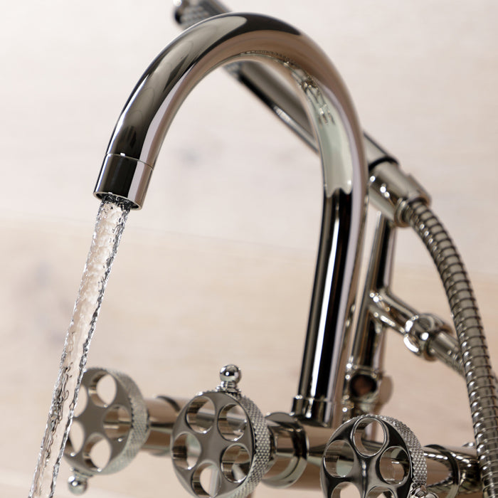 Kingston Sona AE8106RKX - Webb Three-Handle 2-Hole Deck-Mount Clawfoot Tub Faucet with Knurled Handle and Hand Shower, Polished Nickel