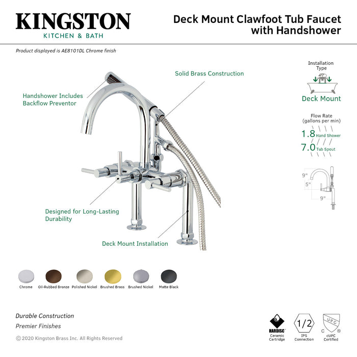 Kingston Sona AE8107DL - Concord Three-Handle 2-Hole Deck-Mount Clawfoot Tub Faucet with Hand Shower, Brushed Brass