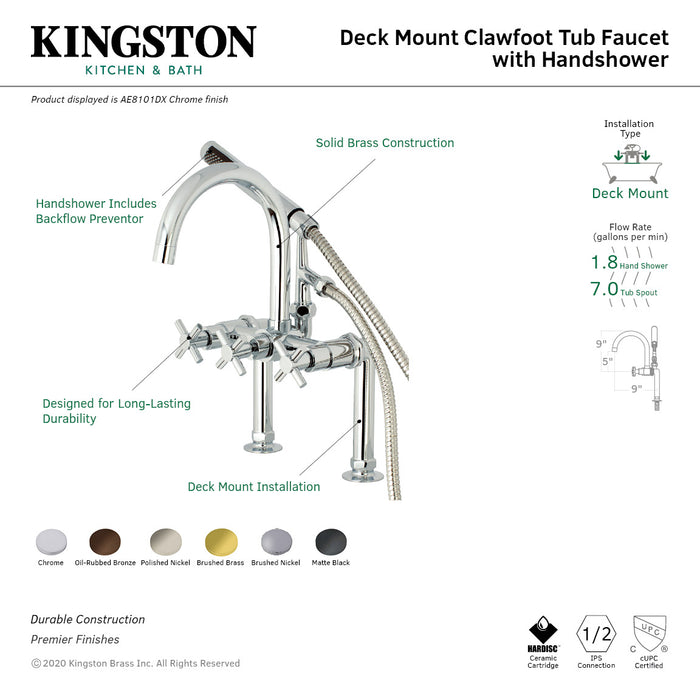 Concord AE8107DX Three-Handle 2-Hole Deck Mount Clawfoot Tub Faucet with Hand Shower, Brushed Brass