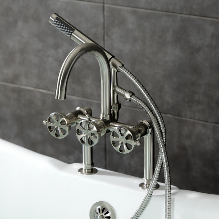 Kingston Sona AE8108RX - Belknap Three-Handle 2-Hole Deck-Mount Clawfoot Tub Faucet with Hand Shower, Brushed Nickel