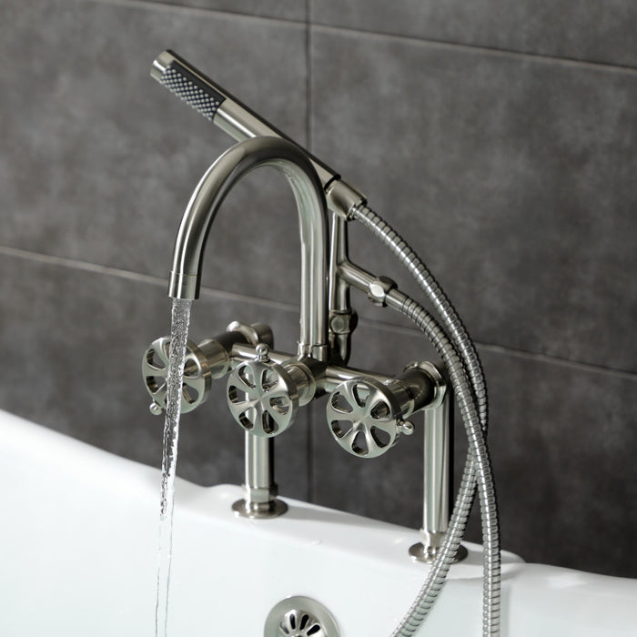 Kingston Sona AE8108RX - Belknap Three-Handle 2-Hole Deck-Mount Clawfoot Tub Faucet with Hand Shower, Brushed Nickel