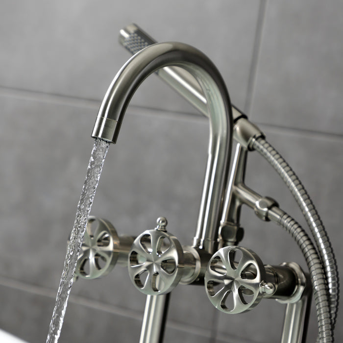 Kingston Sona AE8108RX - Belknap Three-Handle 2-Hole Deck-Mount Clawfoot Tub Faucet with Hand Shower, Brushed Nickel