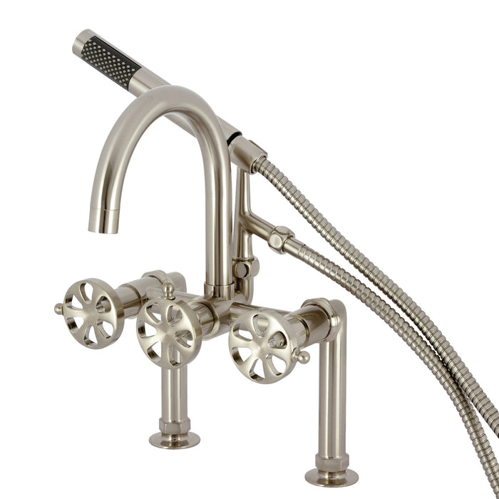 Kingston Sona AE8108RX - Belknap Three-Handle 2-Hole Deck-Mount Clawfoot Tub Faucet with Hand Shower, Brushed Nickel