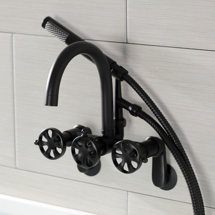 Kingston Sona AE8150RX - Belknap Three-Handle 2-Hole Tub Wall Mount Clawfoot Tub Faucet with Hand Shower, Matte Black