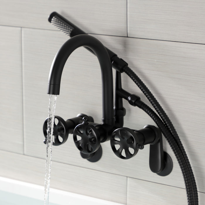 Kingston Sona AE8150RX - Belknap Three-Handle 2-Hole Tub Wall Mount Clawfoot Tub Faucet with Hand Shower, Matte Black