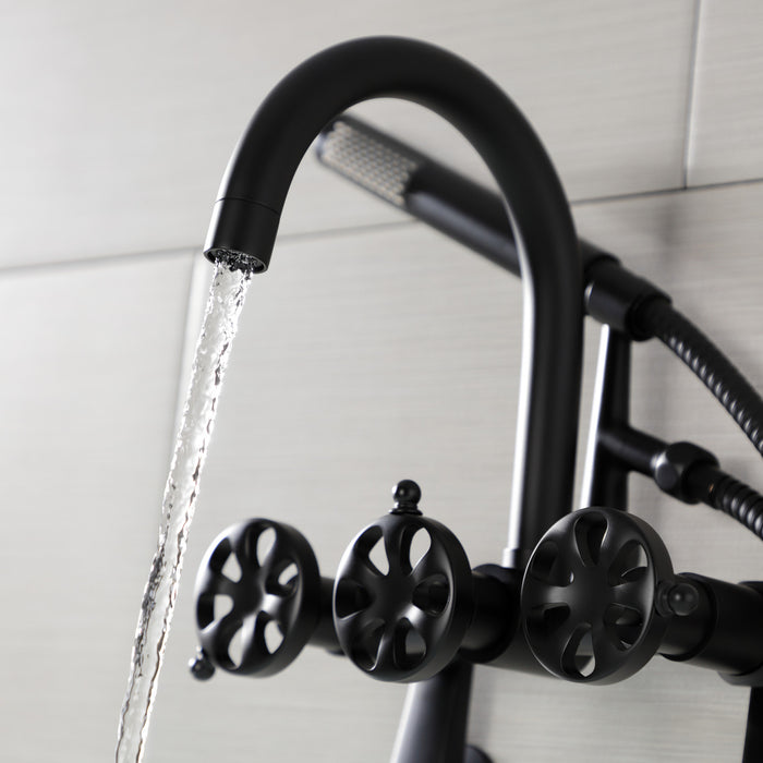 Kingston Sona AE8150RX - Belknap Three-Handle 2-Hole Tub Wall Mount Clawfoot Tub Faucet with Hand Shower, Matte Black