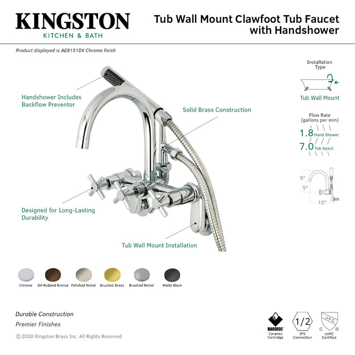Concord AE8156DX Three-Handle 2-Hole Tub Wall Mount Clawfoot Tub Faucet with Hand Shower, Polished Nickel