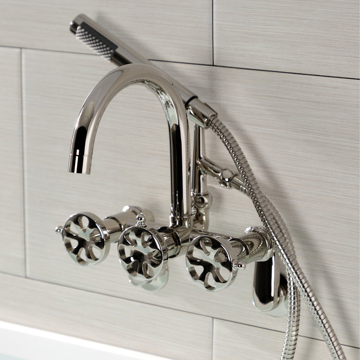 Kingston Sona AE8156RX - Belknap Three-Handle 2-Hole Tub Wall Mount Clawfoot Tub Faucet with Hand Shower, Polished Nickel