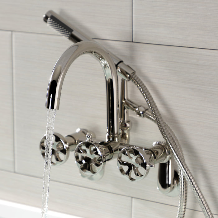 Kingston Sona AE8156RX - Belknap Three-Handle 2-Hole Tub Wall Mount Clawfoot Tub Faucet with Hand Shower, Polished Nickel