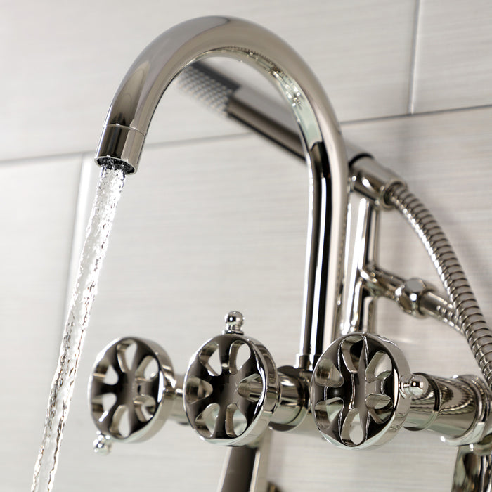 Kingston Sona AE8156RX - Belknap Three-Handle 2-Hole Tub Wall Mount Clawfoot Tub Faucet with Hand Shower, Polished Nickel