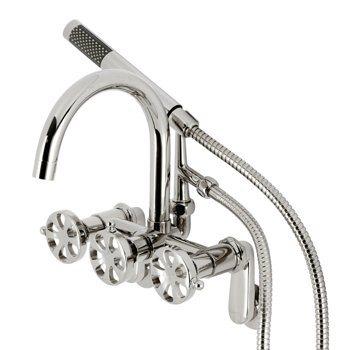 Kingston Sona AE8156RX - Belknap Three-Handle 2-Hole Tub Wall Mount Clawfoot Tub Faucet with Hand Shower, Polished Nickel
