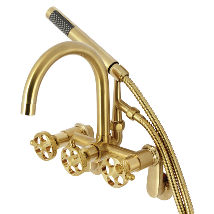 Webb AE8157RKX Three-Handle 2-Hole Adjustable Wall Mount Clawfoot Tub Faucet with Knurled Handle and Hand Shower, Brushed Brass
