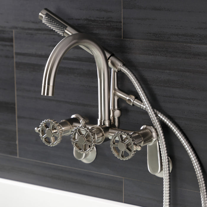 Kingston Sona AE8158CG - Fuller Three-Handle 2-Hole Tub Wall Mount Clawfoot Tub Faucet with Hand Shower, Brushed Nickel