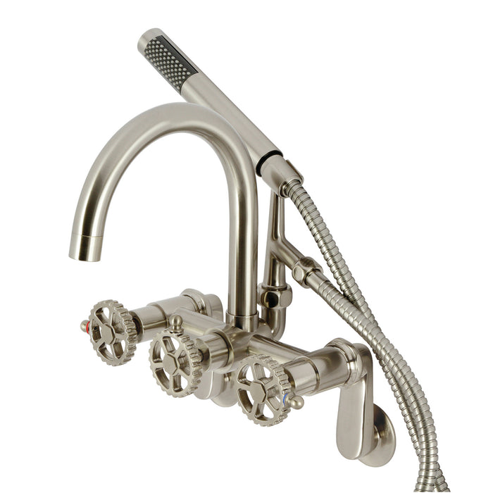 Kingston Sona AE8158CG - Fuller Three-Handle 2-Hole Tub Wall Mount Clawfoot Tub Faucet with Hand Shower, Brushed Nickel