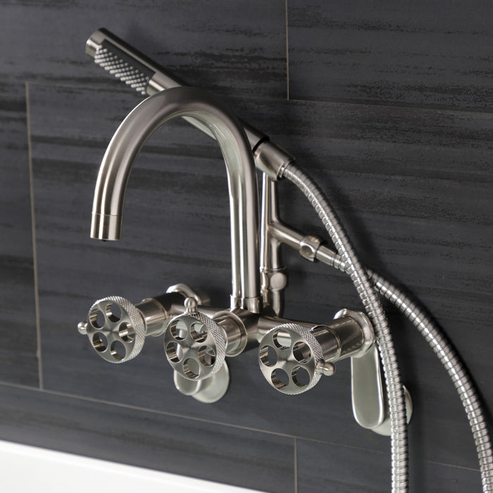 Kingston Sona AE8158RKX - Webb Three-Handle 2-Hole Adjustable Wall Mount Clawfoot Tub Faucet with Knurled Handle and Hand Shower, Brushed Nickel