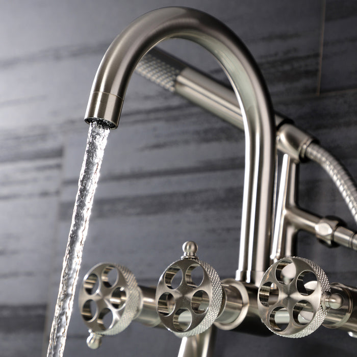 Kingston Sona AE8158RKX - Webb Three-Handle 2-Hole Adjustable Wall Mount Clawfoot Tub Faucet with Knurled Handle and Hand Shower, Brushed Nickel
