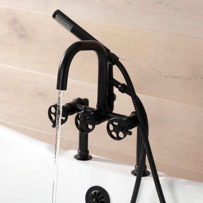 Kingston Sona AE8400RKX - Webb Three-Handle 2-Hole Deck-Mount Clawfoot Tub Faucet with Knurled Handle and Hand Shower, Matte Black