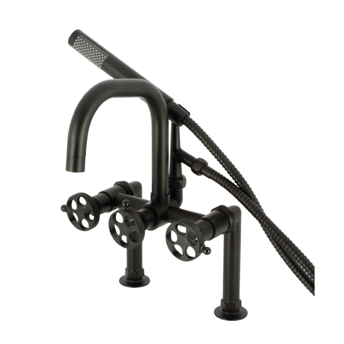 Kingston Sona AE8400RKX - Webb Three-Handle 2-Hole Deck-Mount Clawfoot Tub Faucet with Knurled Handle and Hand Shower, Matte Black