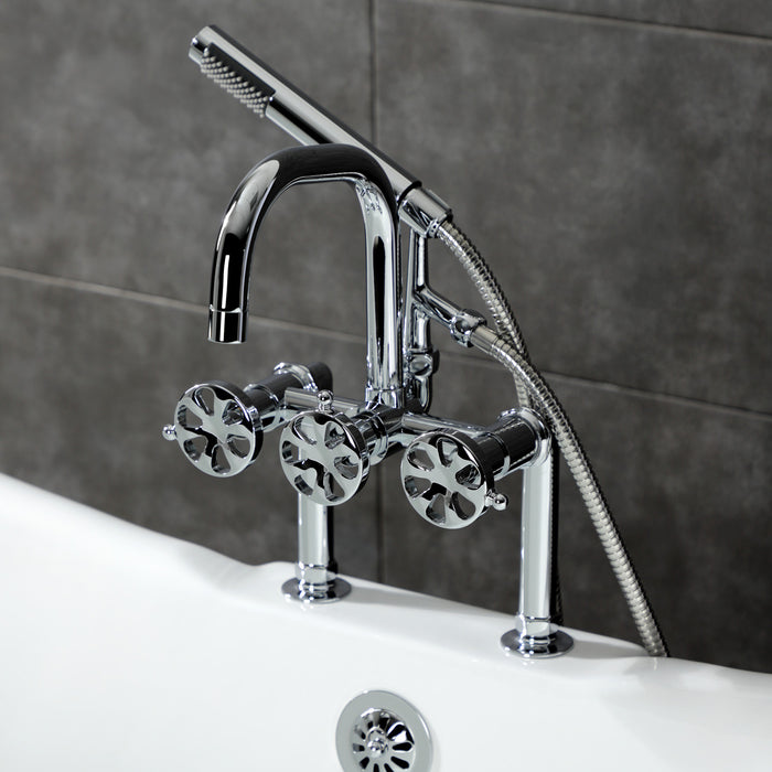 Kingston Sona AE8401RX - Belknap Three-Handle 2-Hole Deck-Mount Clawfoot Tub Faucet with Hand Shower, Polished Chrome