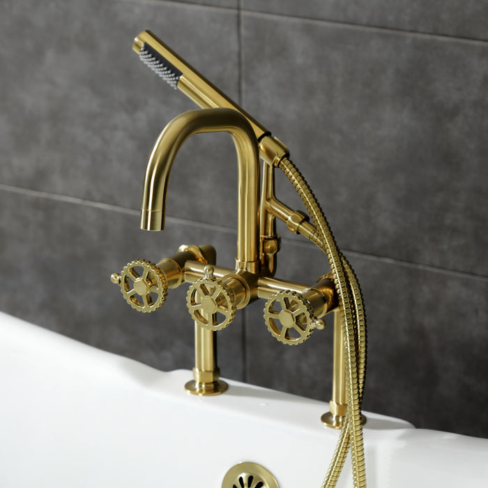 Kingston Sona AE8407CG - Fuller Three-Handle 2-Hole Deck-Mount Clawfoot Tub Faucet with Hand Shower, Brushed Brass
