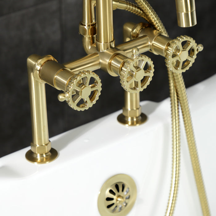 Kingston Sona AE8407CG - Fuller Three-Handle 2-Hole Deck-Mount Clawfoot Tub Faucet with Hand Shower, Brushed Brass