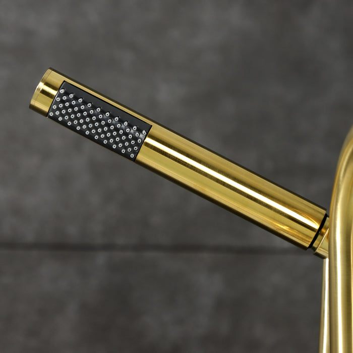 Kingston Sona AE8407CG - Fuller Three-Handle 2-Hole Deck-Mount Clawfoot Tub Faucet with Hand Shower, Brushed Brass