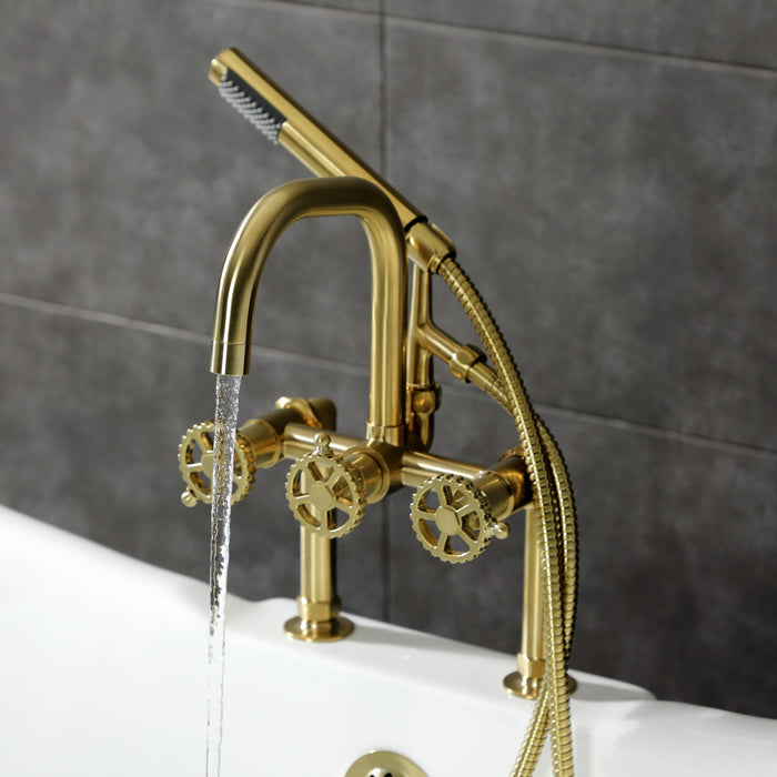 Kingston Sona AE8407CG - Fuller Three-Handle 2-Hole Deck-Mount Clawfoot Tub Faucet with Hand Shower, Brushed Brass