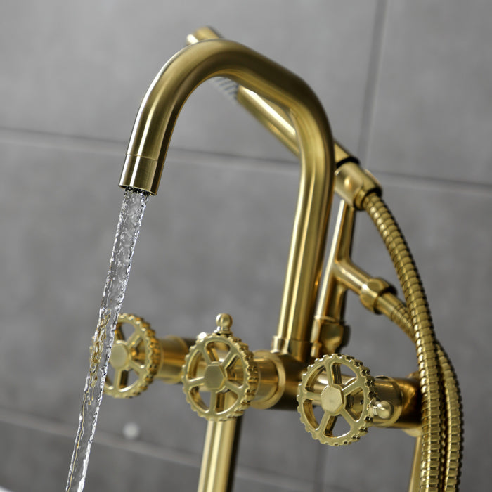 Kingston Sona AE8407CG - Fuller Three-Handle 2-Hole Deck-Mount Clawfoot Tub Faucet with Hand Shower, Brushed Brass