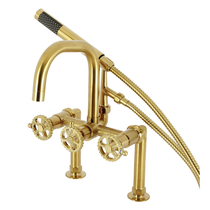 Kingston Sona AE8407CG - Fuller Three-Handle 2-Hole Deck-Mount Clawfoot Tub Faucet with Hand Shower, Brushed Brass