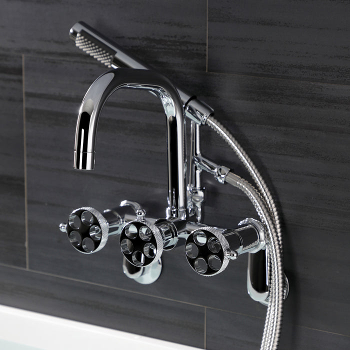 Kingston Sona AE8451RKX - Webb Three-Handle 2-Hole Adjustable Wall Mount Clawfoot Tub Faucet with Knurled Handle and Hand Shower, Polished Chrome