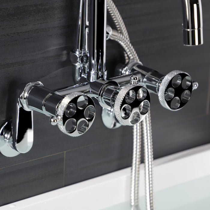 Kingston Sona AE8451RKX - Webb Three-Handle 2-Hole Adjustable Wall Mount Clawfoot Tub Faucet with Knurled Handle and Hand Shower, Polished Chrome