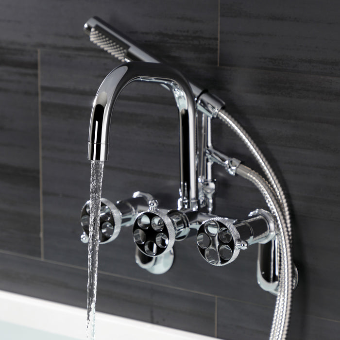 Kingston Sona AE8451RKX - Webb Three-Handle 2-Hole Adjustable Wall Mount Clawfoot Tub Faucet with Knurled Handle and Hand Shower, Polished Chrome
