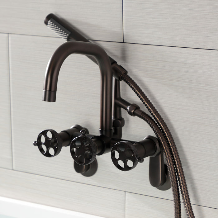 Kingston Sona AE8455RKX - Webb Three-Handle 2-Hole Adjustable Wall Mount Clawfoot Tub Faucet with Knurled Handle and Hand Shower, Oil Rubbed Bronze