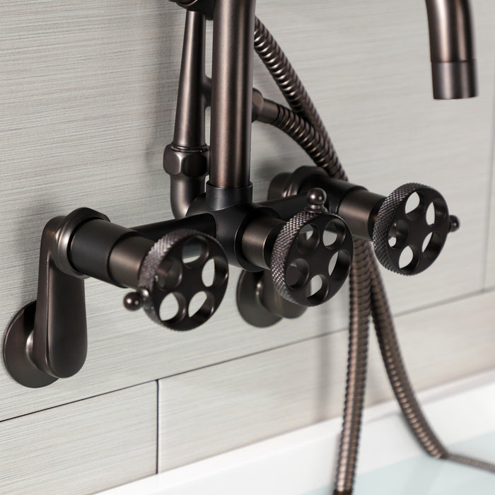Kingston Sona AE8455RKX - Webb Three-Handle 2-Hole Adjustable Wall Mount Clawfoot Tub Faucet with Knurled Handle and Hand Shower, Oil Rubbed Bronze