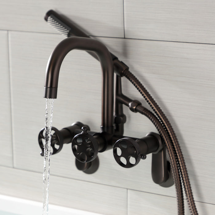 Kingston Sona AE8455RKX - Webb Three-Handle 2-Hole Adjustable Wall Mount Clawfoot Tub Faucet with Knurled Handle and Hand Shower, Oil Rubbed Bronze