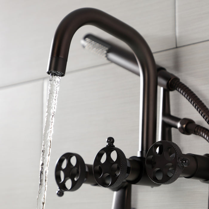 Kingston Sona AE8455RKX - Webb Three-Handle 2-Hole Adjustable Wall Mount Clawfoot Tub Faucet with Knurled Handle and Hand Shower, Oil Rubbed Bronze