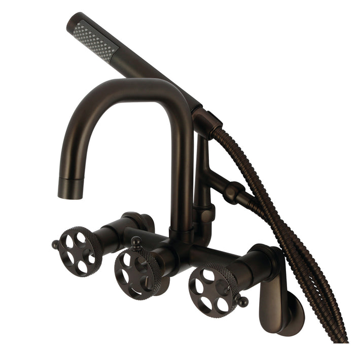 Kingston Sona AE8455RKX - Webb Three-Handle 2-Hole Adjustable Wall Mount Clawfoot Tub Faucet with Knurled Handle and Hand Shower, Oil Rubbed Bronze