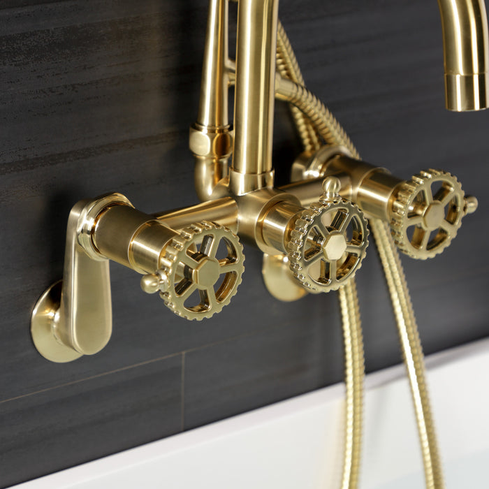 Kingston Sona AE8457CG - Fuller Three-Handle 2-Hole Wall Mount Clawfoot Tub Faucet with Hand Shower, Brushed Brass