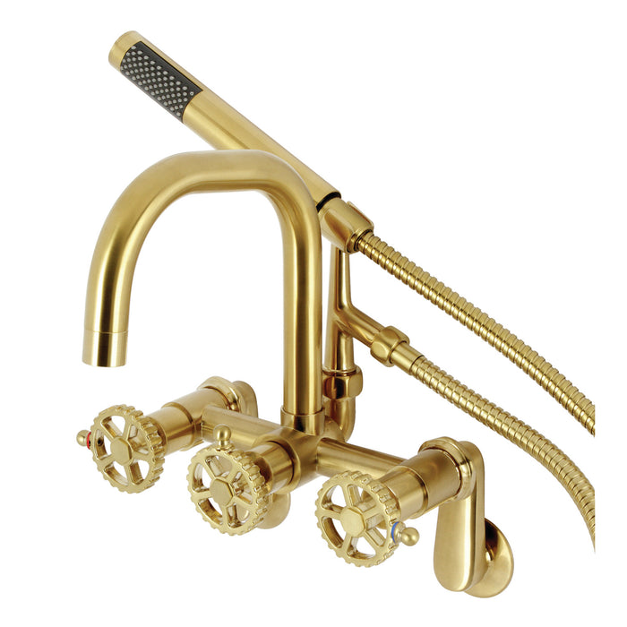 Kingston Sona AE8457CG - Fuller Three-Handle 2-Hole Wall Mount Clawfoot Tub Faucet with Hand Shower, Brushed Brass