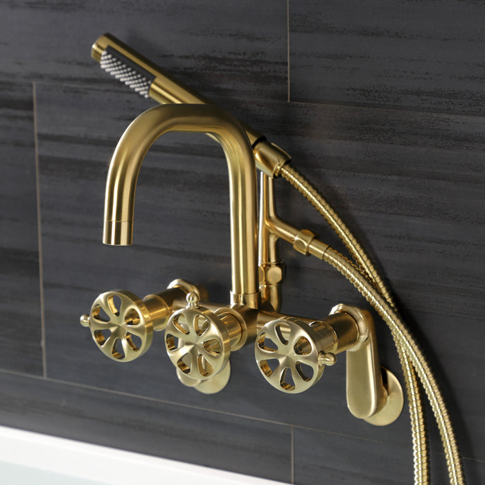 Kingston Sona AE8457RX - Belknap Three-Handle 2-Hole Wall Mount Clawfoot Tub Faucet with Hand Shower, Brushed Brass