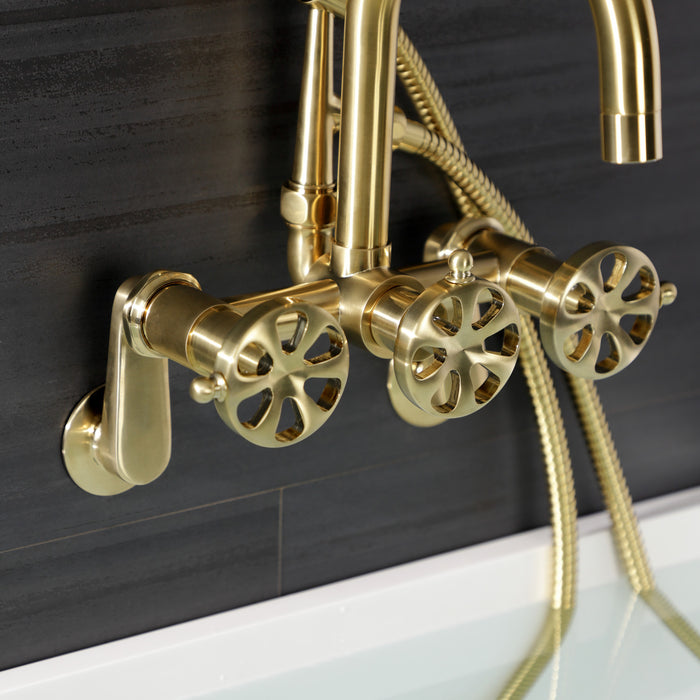 Kingston Sona AE8457RX - Belknap Three-Handle 2-Hole Wall Mount Clawfoot Tub Faucet with Hand Shower, Brushed Brass