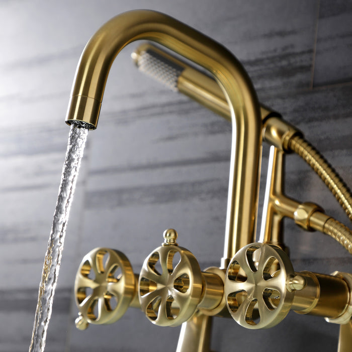 Kingston Sona AE8457RX - Belknap Three-Handle 2-Hole Wall Mount Clawfoot Tub Faucet with Hand Shower, Brushed Brass